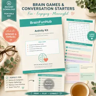 Activity Kit: Printable Brain Games and Conversation Starters for Seniors (3 Word Searches, 20 Trivia Questions, 15 Conversation Cards) — printable PDF preview