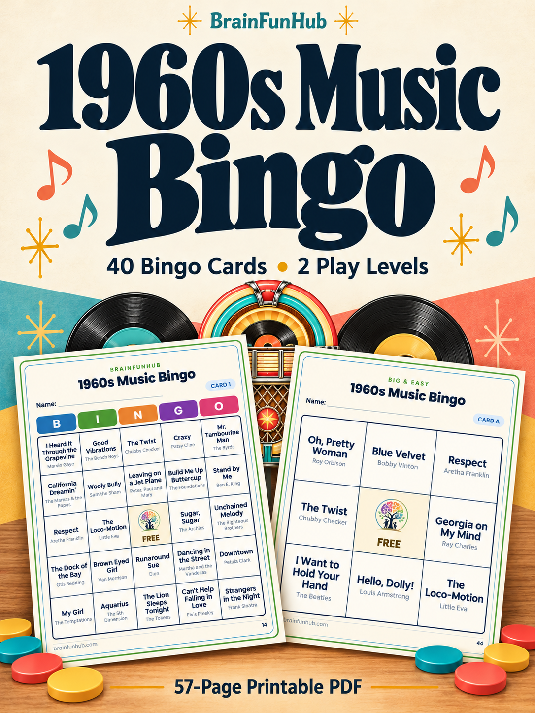 1960s Music Bingo — printable PDF preview