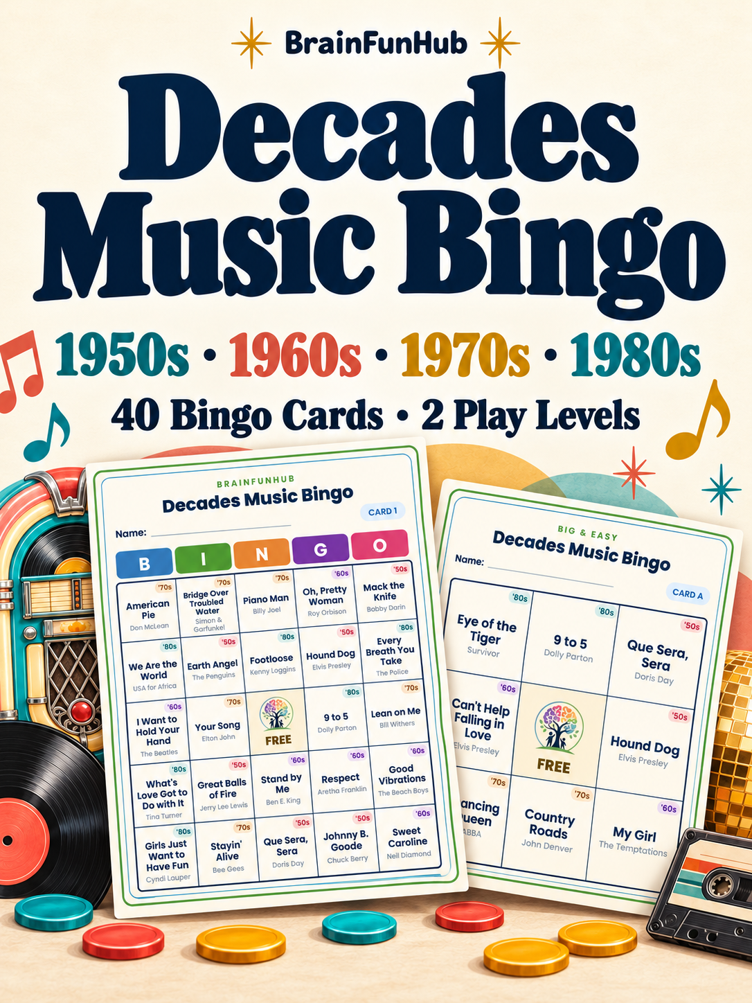 Decades Music Bingo: 60 Hit Songs from the 1950s to the 1980s — printable PDF preview