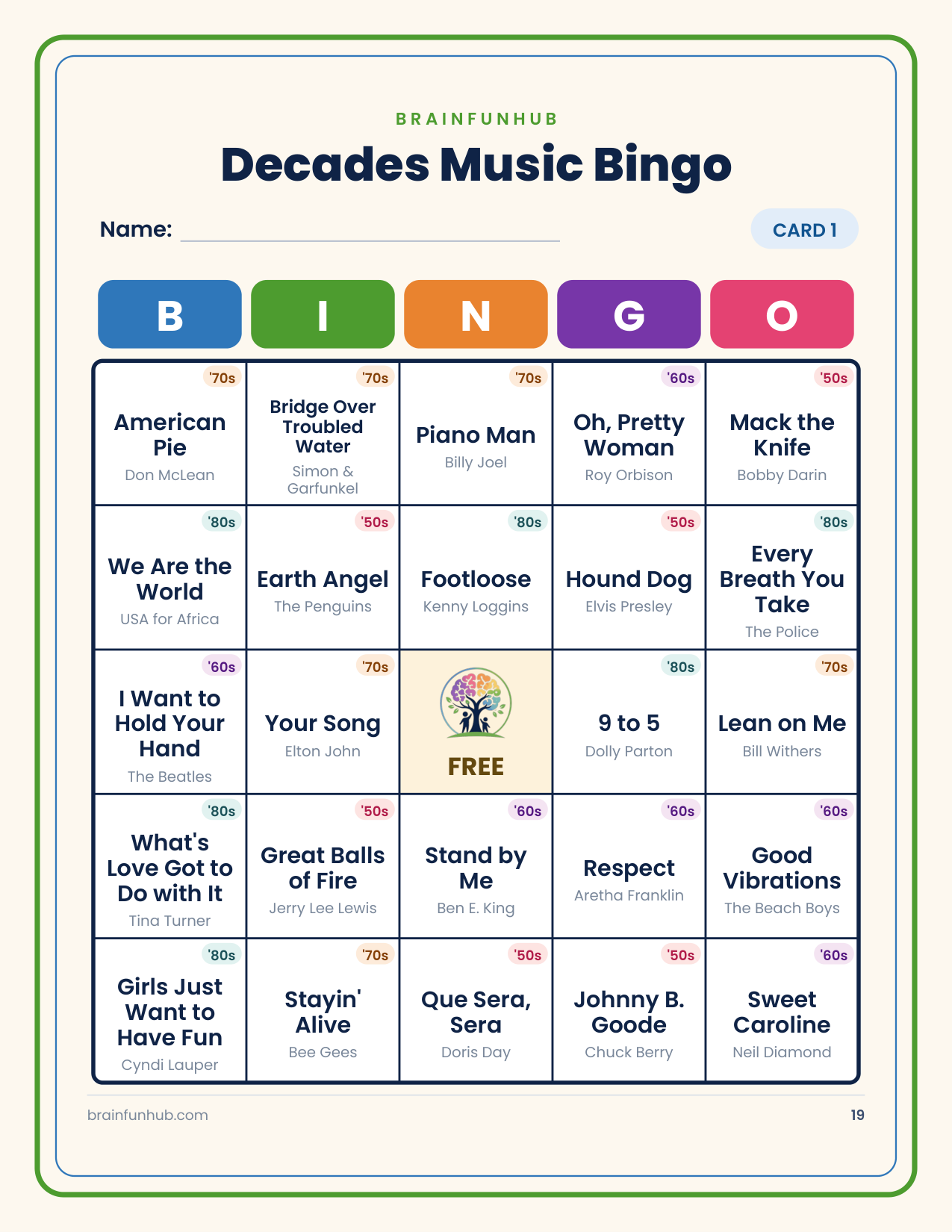 Decades Music Bingo: 60 Hit Songs from the 1950s to the 1980s thumbnail 5