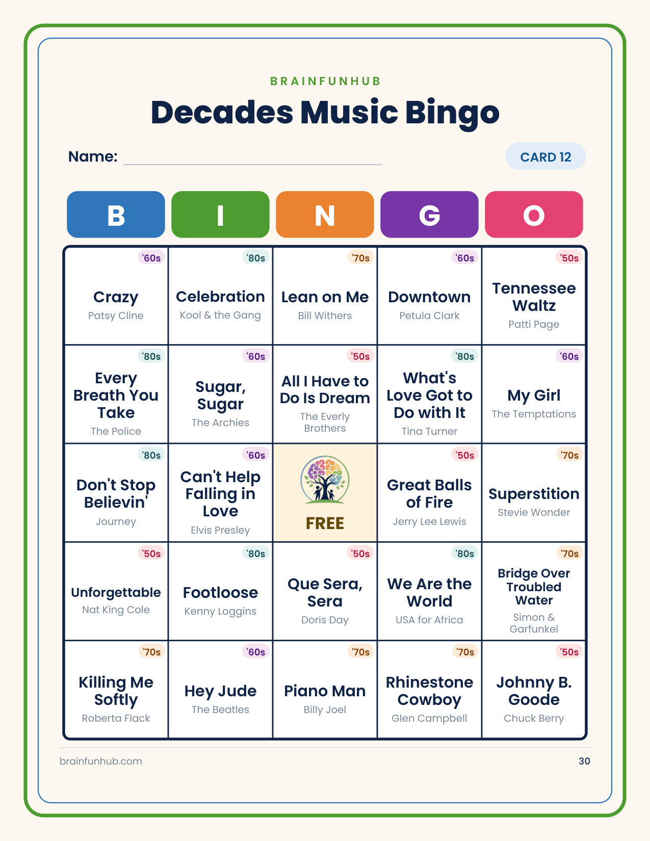 Decades Music Bingo: 60 Hit Songs from the 1950s to the 1980s thumbnail 6