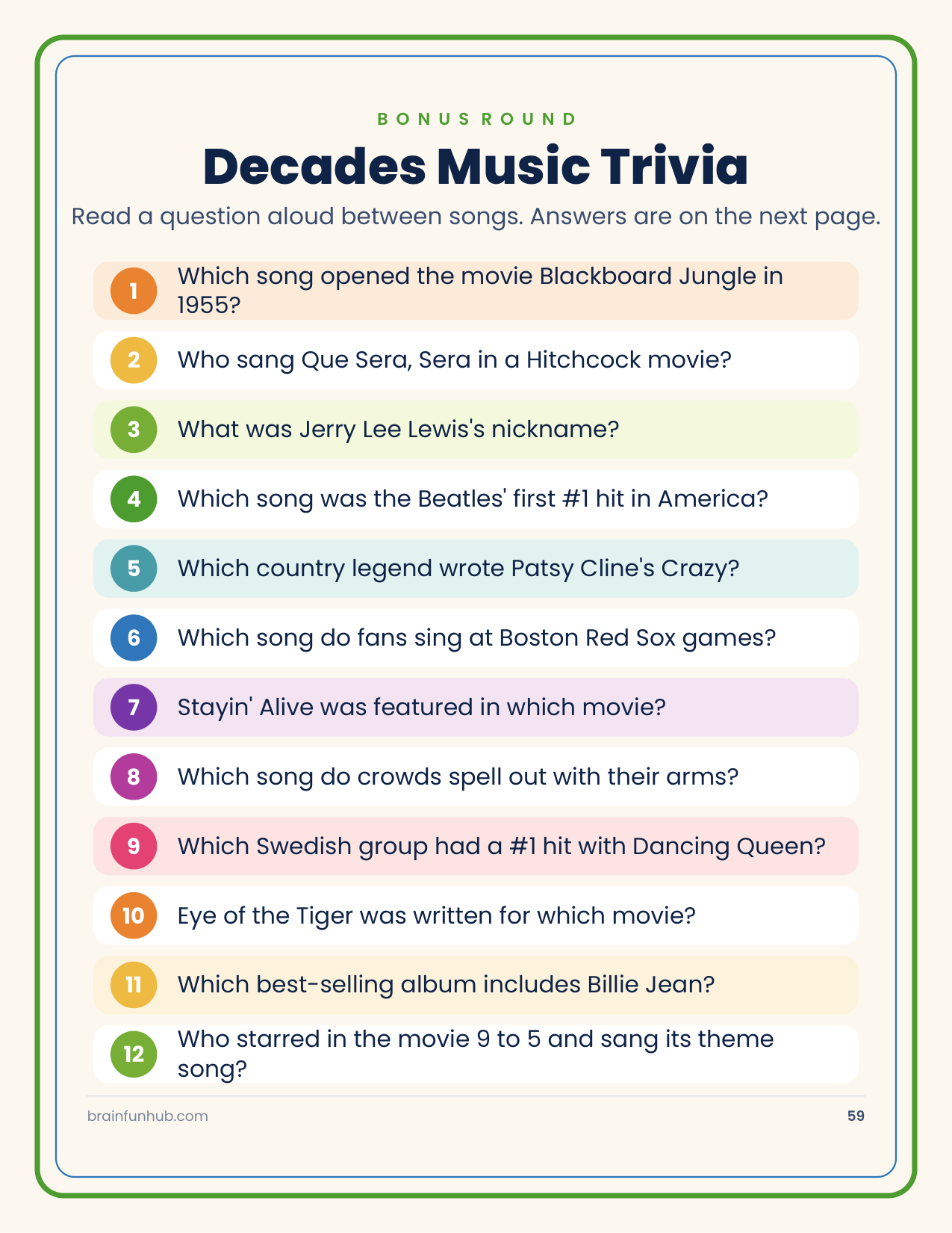Decades Music Bingo: 60 Hit Songs from the 1950s to the 1980s thumbnail 8