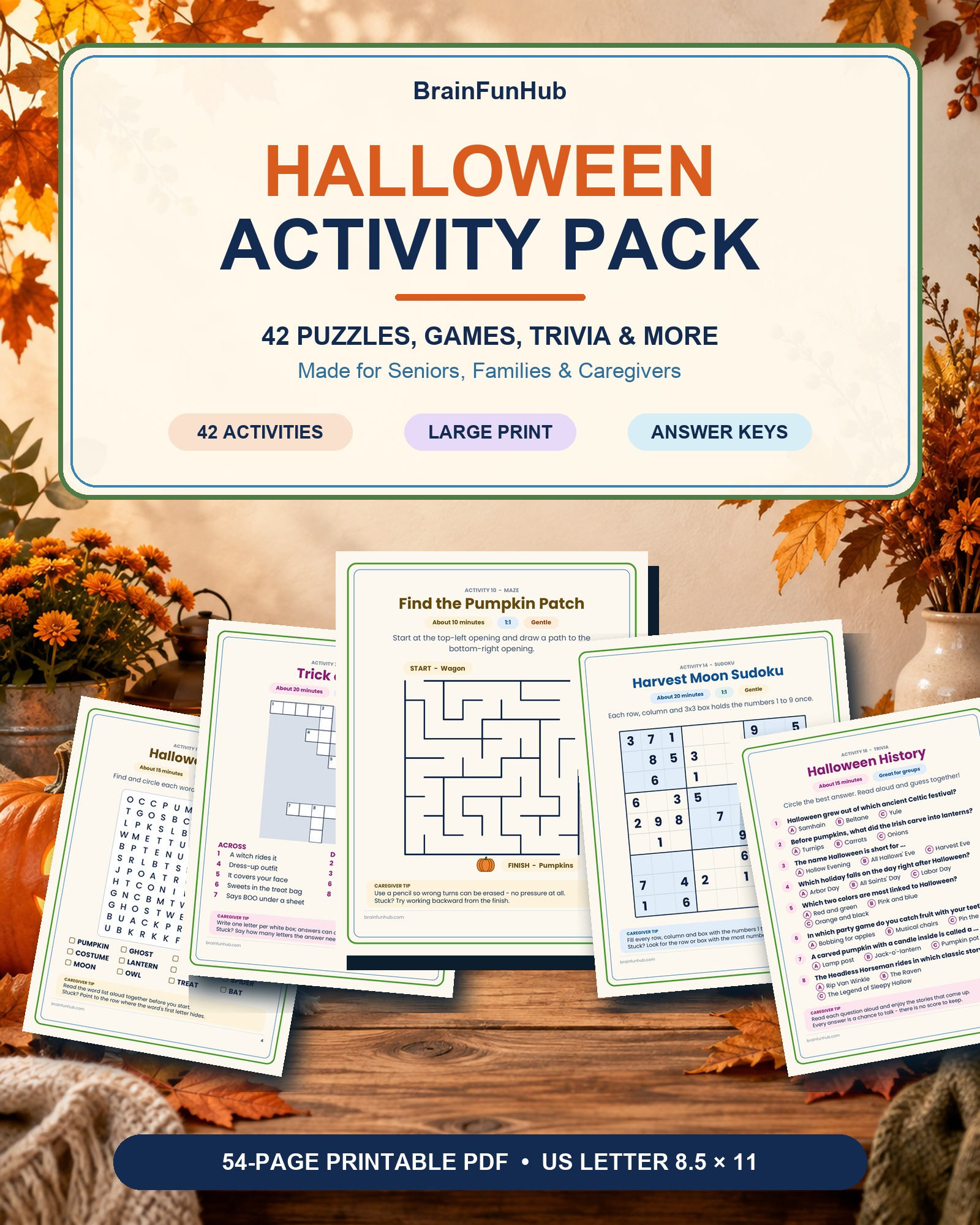 Halloween Activity Pack: 42 Large Print Activities — printable PDF preview
