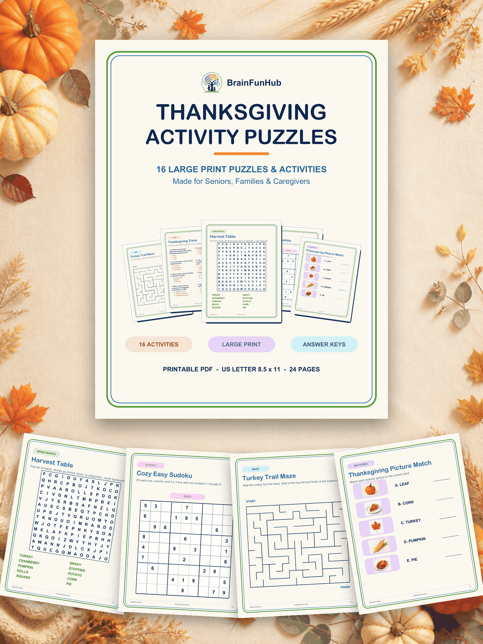 Thanksgiving Activity Puzzles: 16 Large Print Puzzles & Activities — printable PDF preview