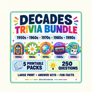 Decades Trivia Bundle: 250 Nostalgia Questions from the 1950s to the 1990s — printable PDF preview