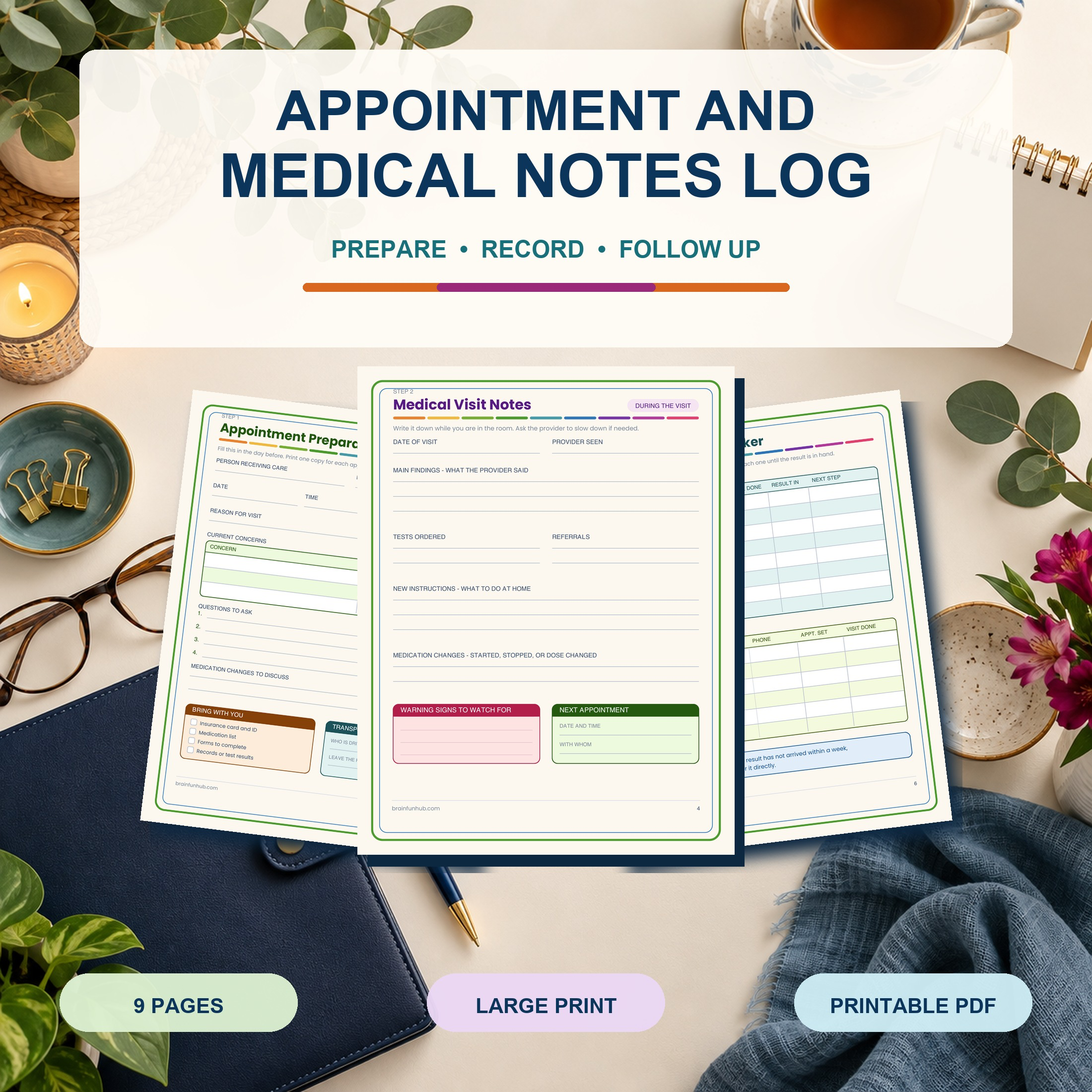 Appointment and Medical Notes Log: 9 Page Large Print Printable — printable PDF preview