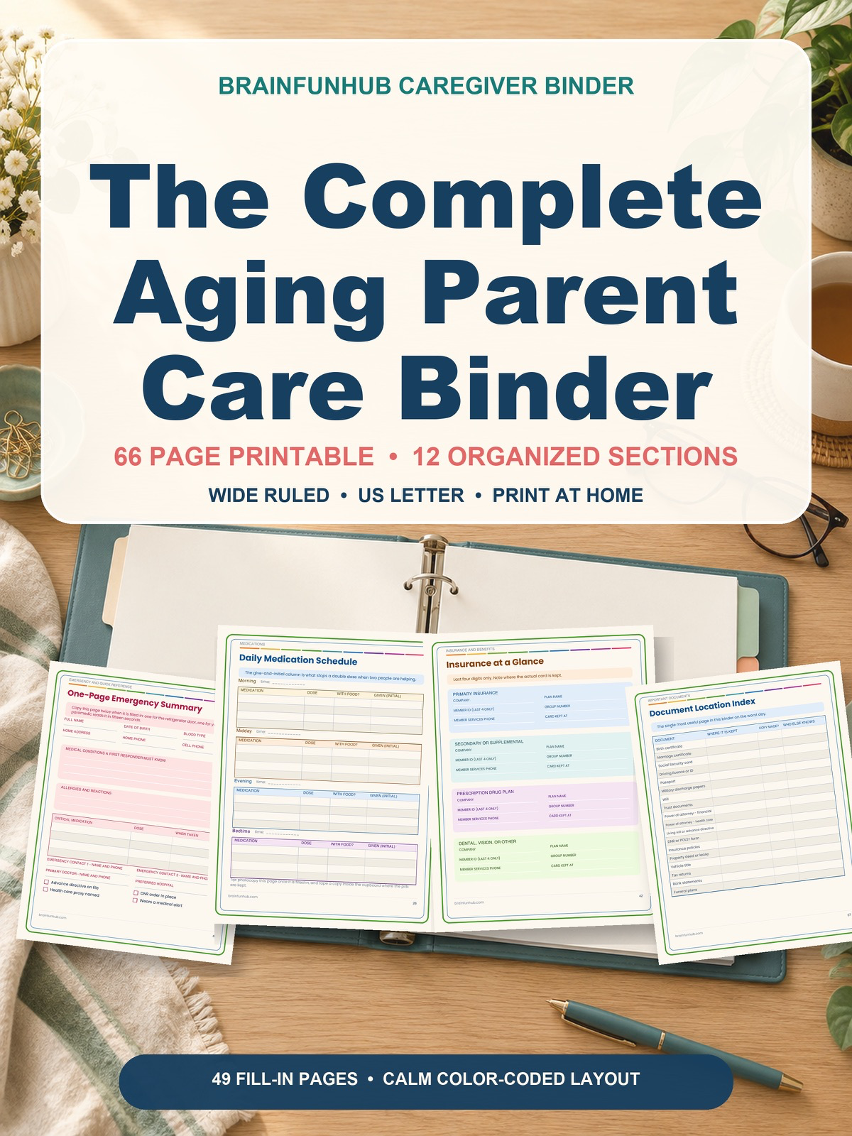 The Complete Aging Parent Care Binder: 66 Page Printable Organizer — printable PDF preview
