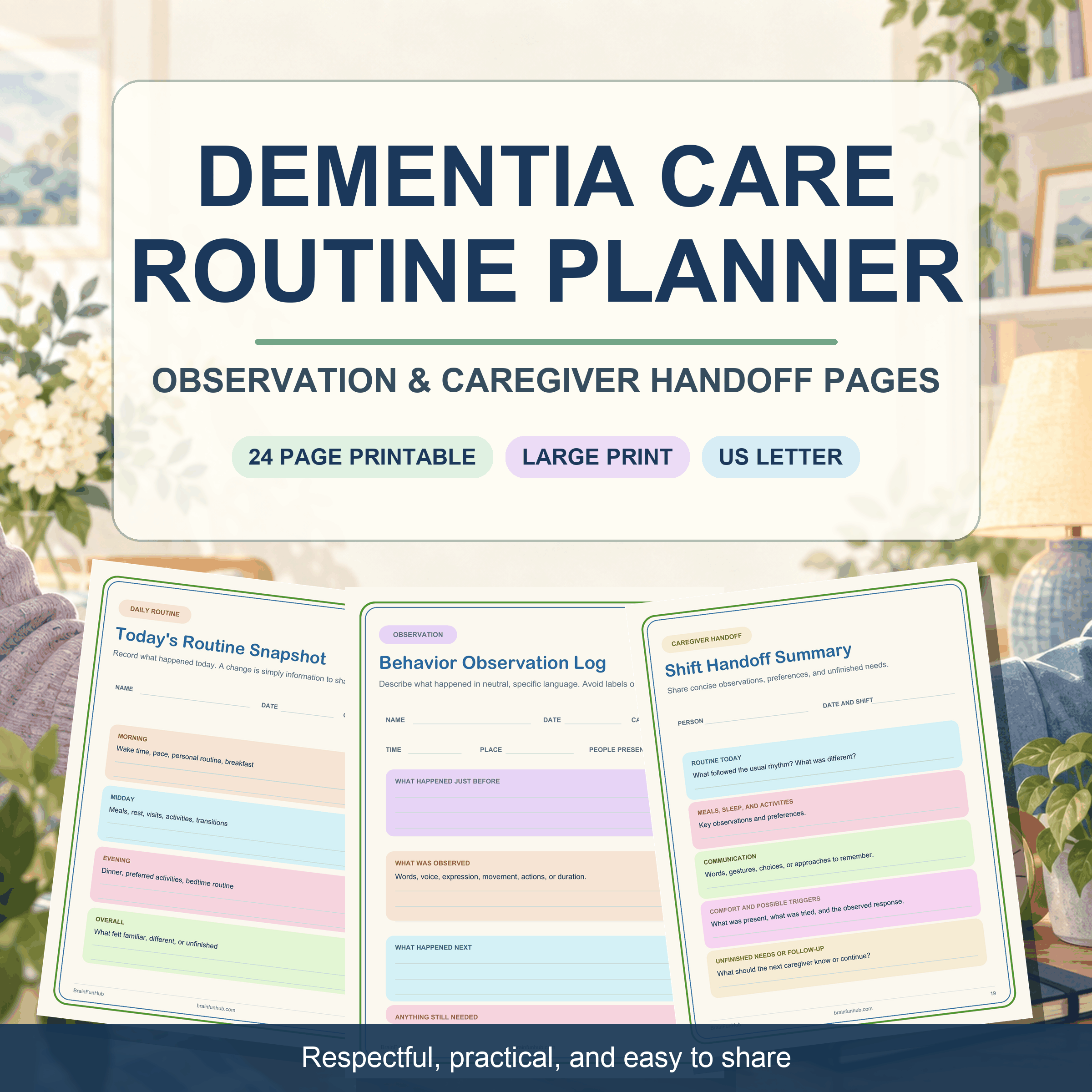 Dementia Care Routine Planner: 24 Page Caregiver Handoff Printable — printable PDF preview