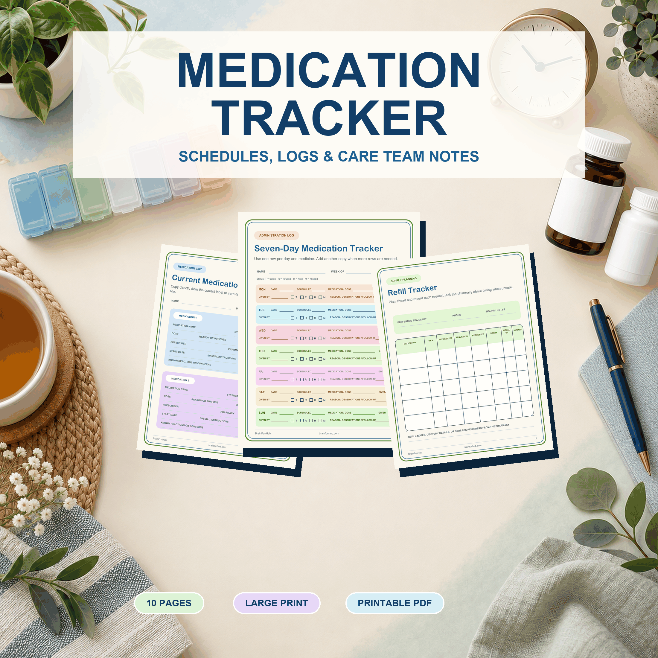 Medication Tracker: 10 Page Large Print Caregiver Printable — printable PDF preview