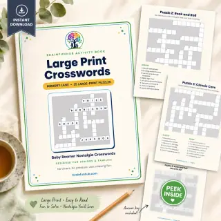 Large Print Crosswords: Memory Lane (25 Nostalgic Puzzles with Answer Key) — printable PDF preview