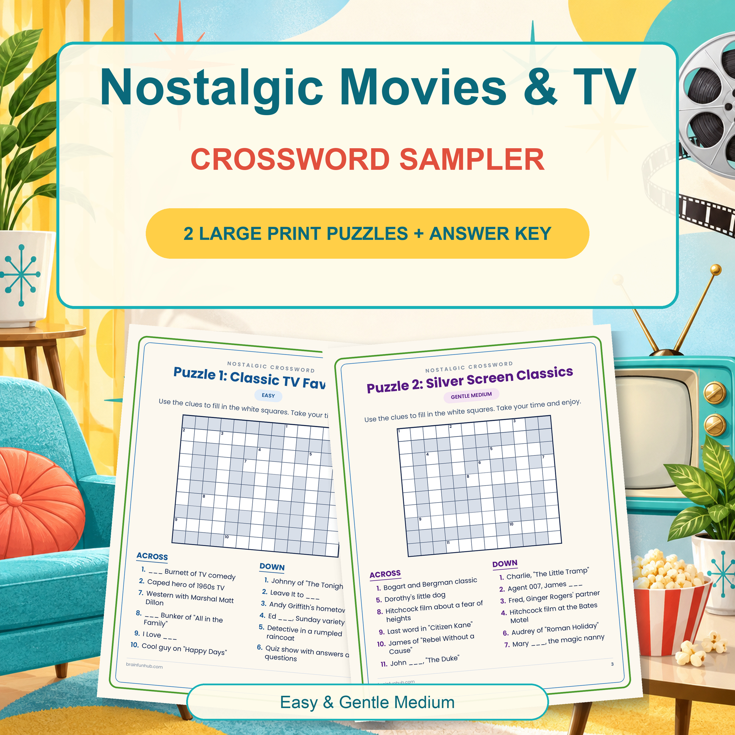 Nostalgic Movies & TV Large Print Crossword Sampler — printable PDF preview