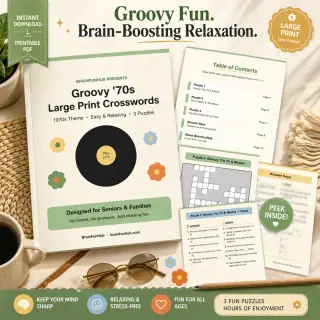 Groovy '70s Large Print Crosswords: 1970s Theme (3 Puzzles) — printable PDF preview