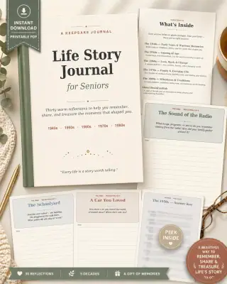 Life Story Journal for Seniors: A Keepsake Journal with 30 Warm Reflections Across Five Decades — printable PDF preview