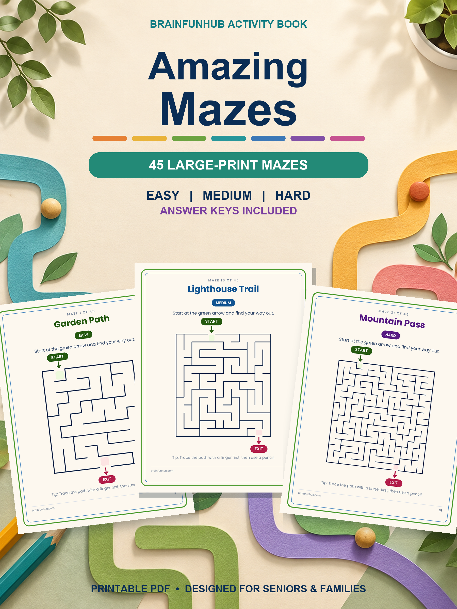 Amazing Mazes: 45 Large-Print Mazes with Answer Keys — printable PDF preview