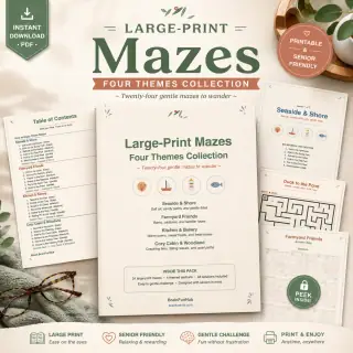 Large Print Mazes: Four Themes Collection (24 Mazes) — printable PDF preview