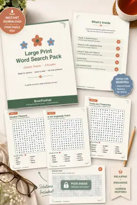Large Print Word Search Pack: Garden Theme (3 Puzzles) — printable PDF preview