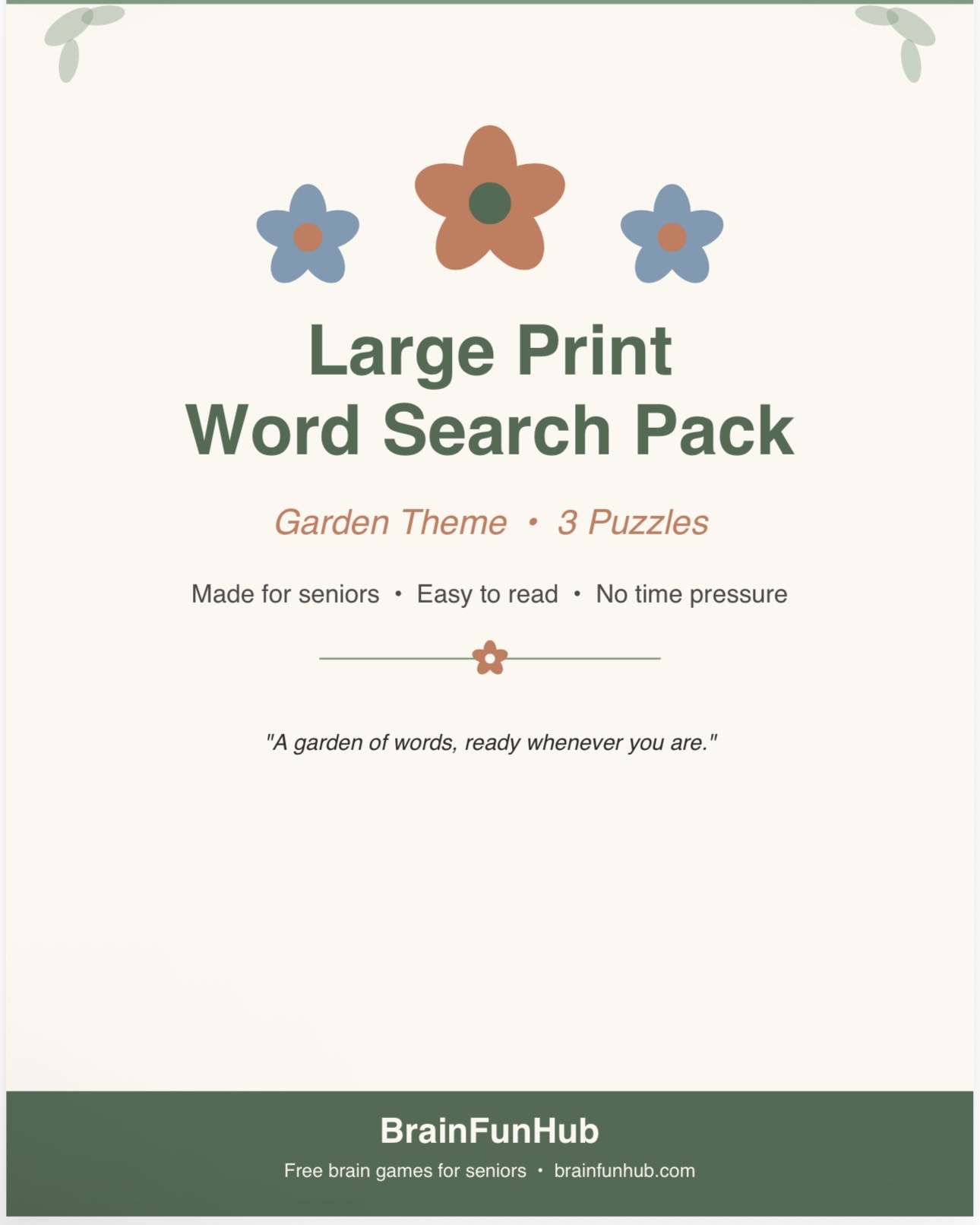 Large Print Word Search Pack: Garden Theme (3 Puzzles) — printable PDF preview