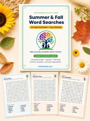 Summer and Fall Word Searches: 30 Large Print Puzzles with Answer Keys — printable PDF preview