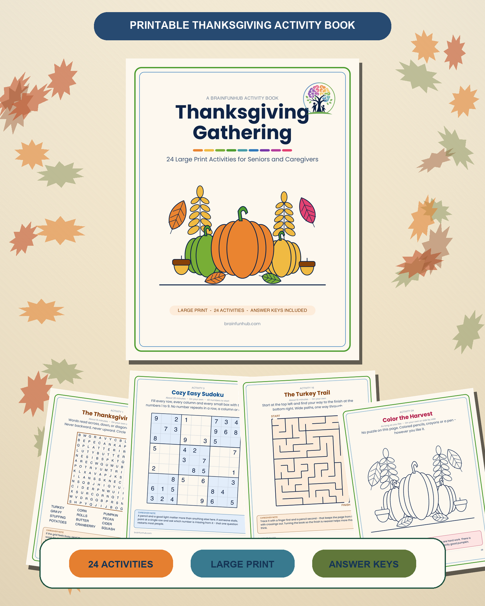 Thanksgiving Gathering: 24 Large Print Activities for Seniors and Caregivers β printable PDF preview