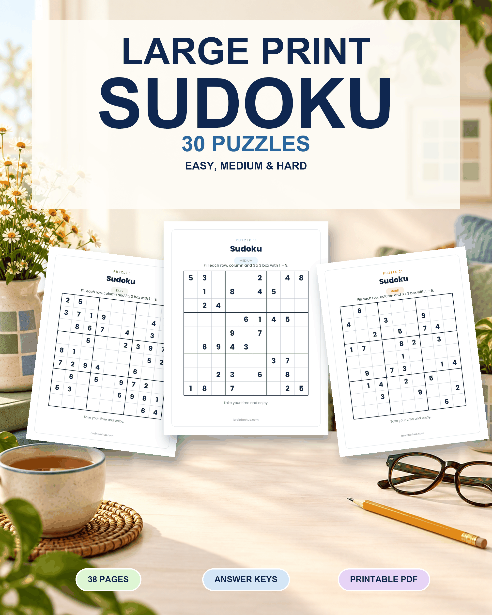 Large Print Sudoku: 30 Easy, Medium and Hard Puzzles — printable PDF preview