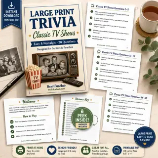 Large Print Trivia: Classic TV Shows (20 Nostalgic Questions with Answer Key) — printable PDF preview