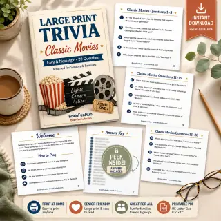 Large Print Trivia: Classic Movies (20 Questions with Answer Key) — printable PDF preview