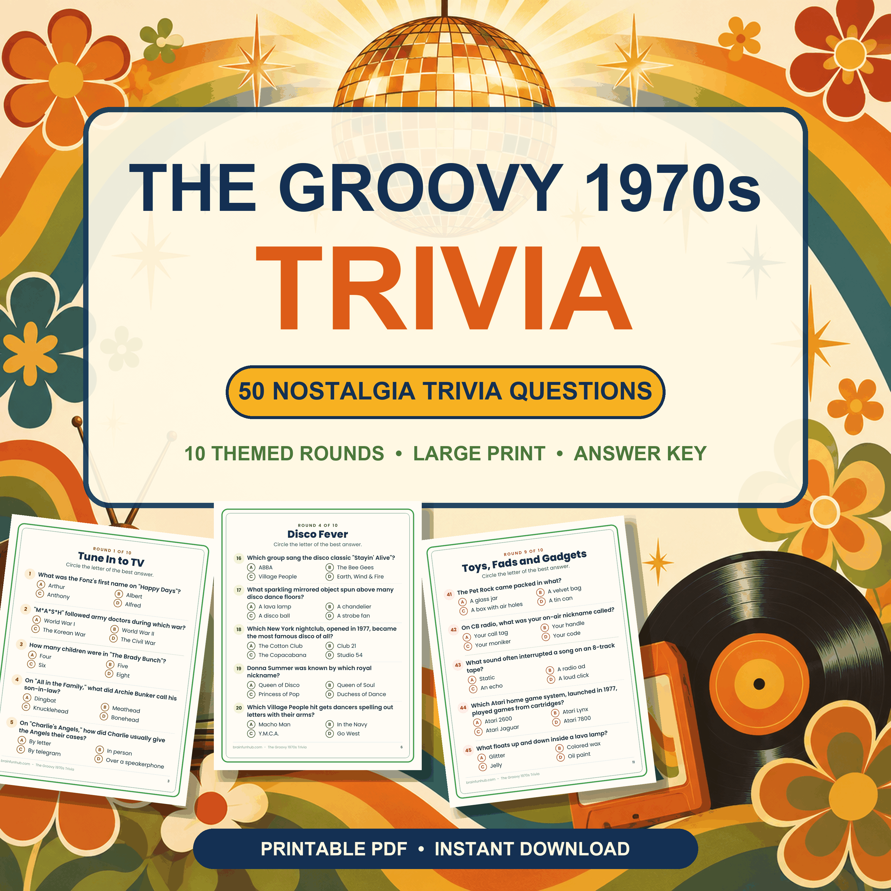 Groovy 1970s Trivia: 50 Nostalgia Trivia Questions — printable PDF preview
