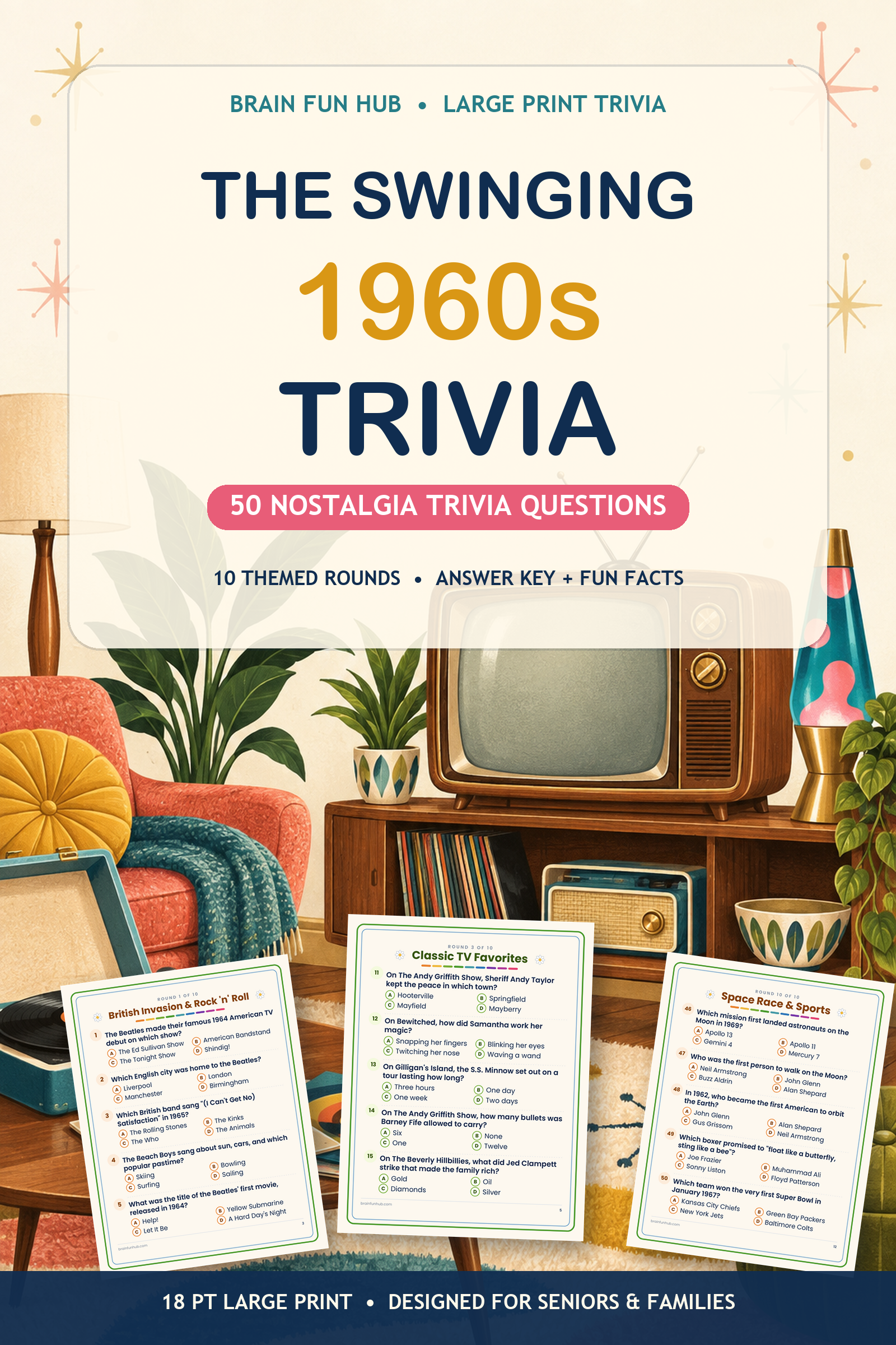 Swinging 1960s Trivia: 50 Nostalgia Trivia Questions — printable PDF preview