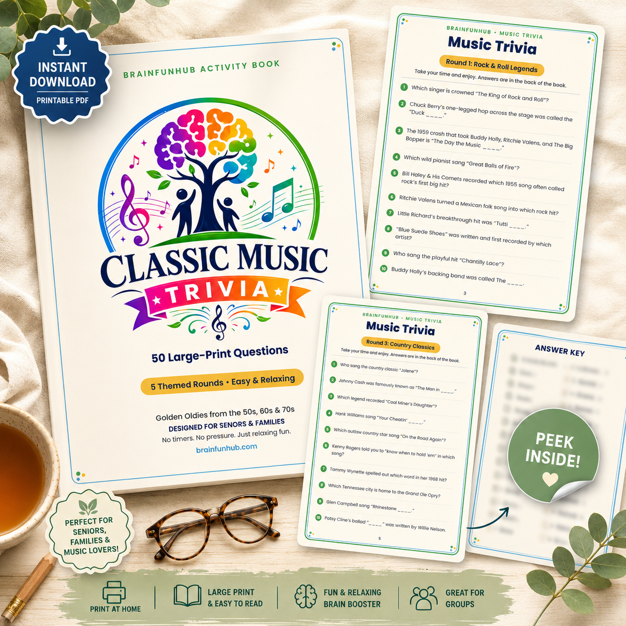 Classic Music Trivia: 50 Large Print Questions on Golden Oldies (With Answer Key) — printable PDF preview
