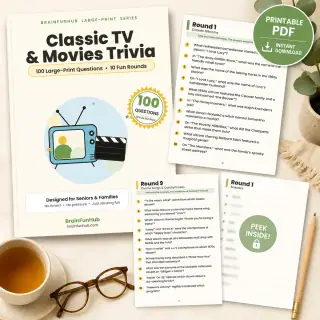 Classic TV and Movies Trivia: 100 Large Print Questions in 10 Fun Rounds — printable PDF preview