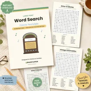 Large Print Word Search: Classic Nostalgia (30 Puzzles with Answer Keys) — printable PDF preview