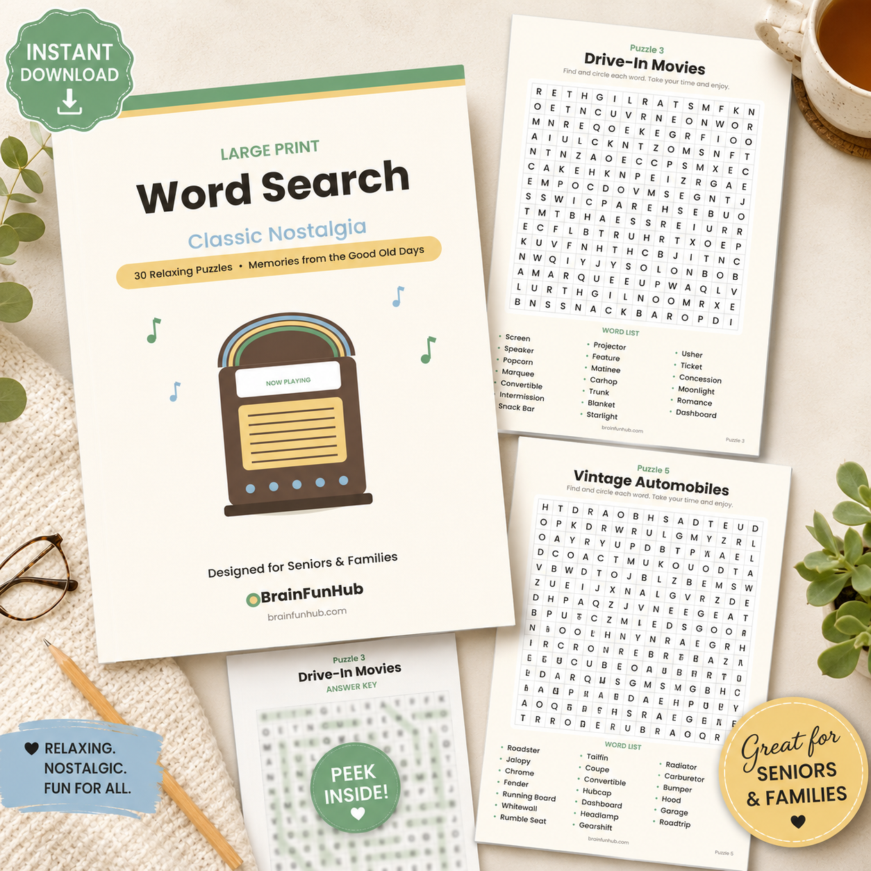 Large Print Word Search: Classic Nostalgia (30 Relaxing Puzzles with Answer Keys) — printable PDF preview