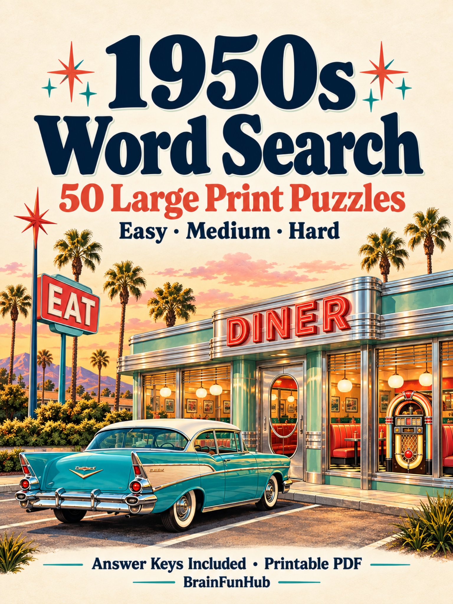 1950s Word Search: 50 Large Print Puzzles — printable PDF preview