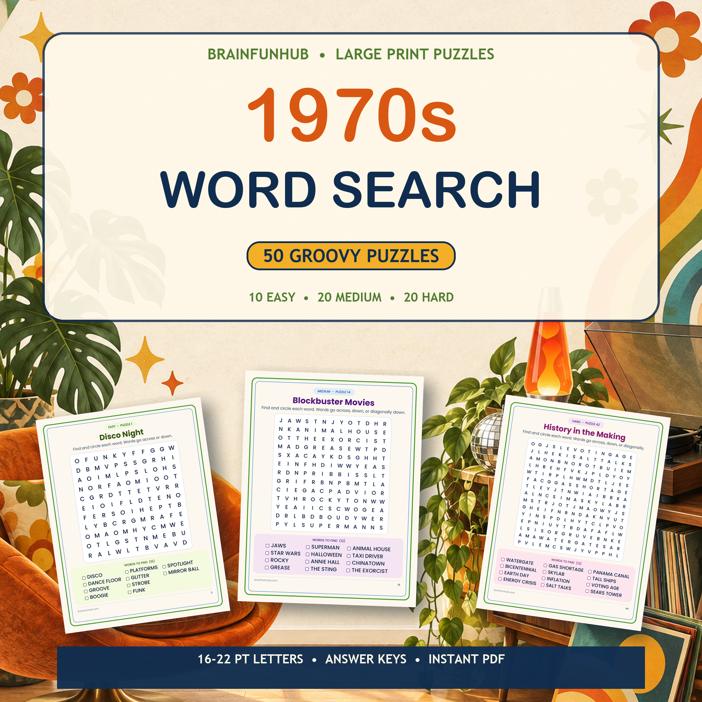 1970s Word Search: 50 Groovy Large Print Puzzles — printable PDF preview