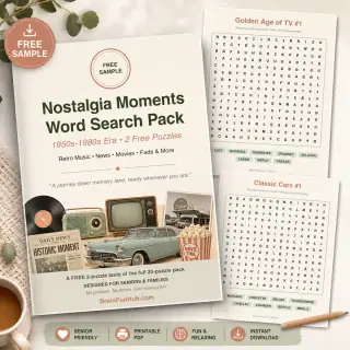 Free Nostalgia Moments Word Search Sampler (2 Large Print Puzzles, Answer Keys) — printable PDF preview