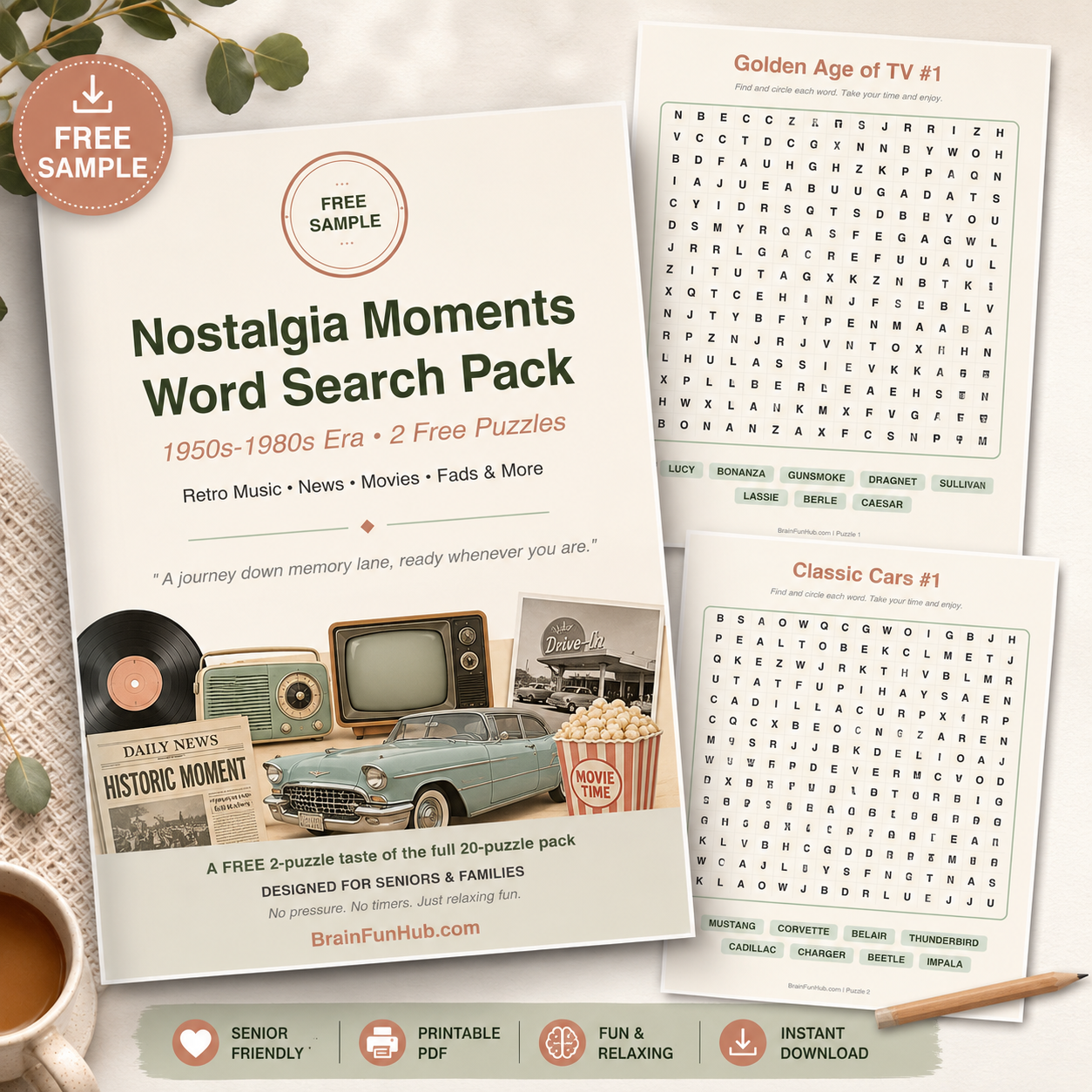 Free Nostalgia Moments Word Search Sampler (2 Large Print Puzzles, Answer Keys) — printable PDF preview