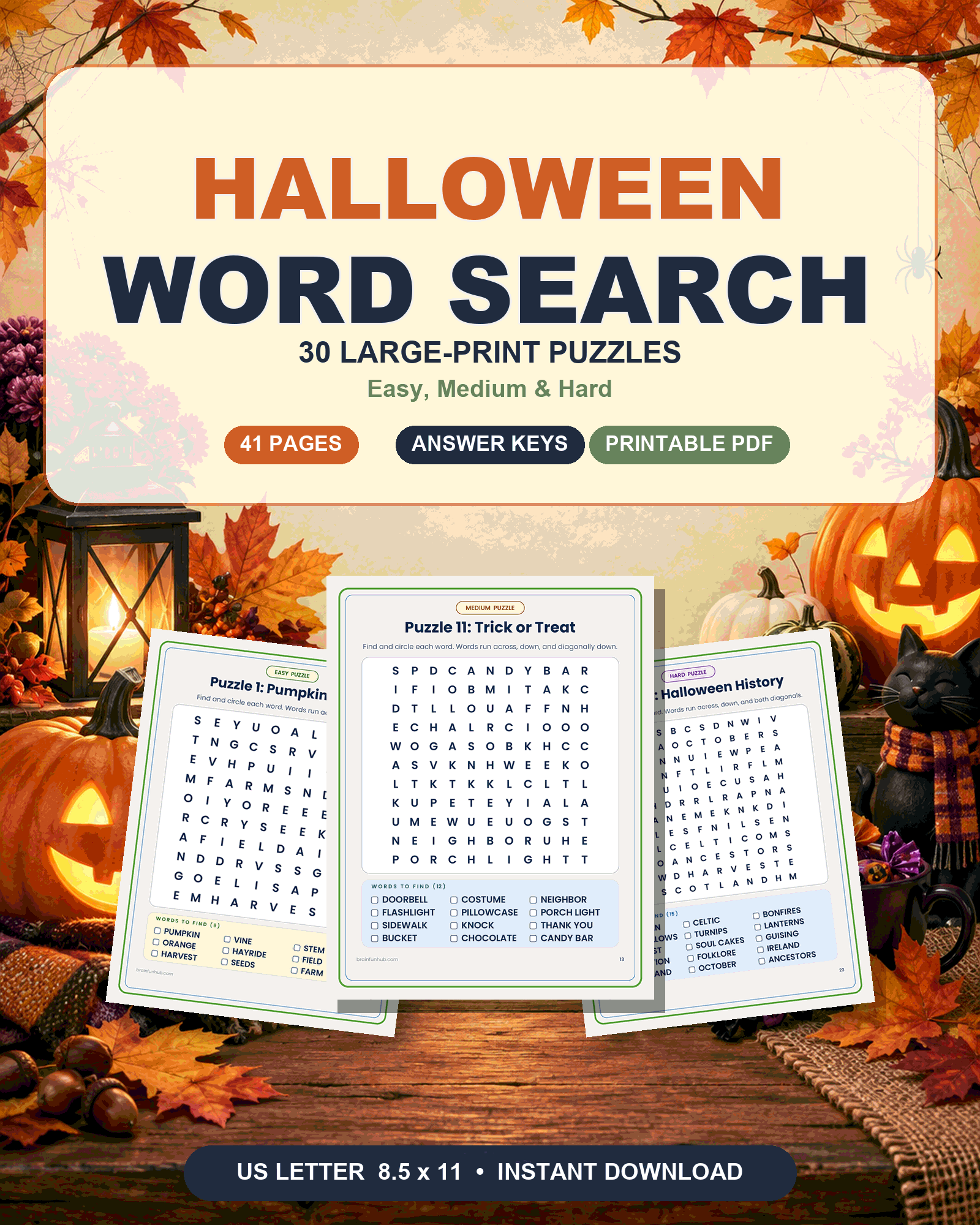 Large Print Halloween Word Search: 30 Easy, Medium and Hard Puzzles — printable PDF preview