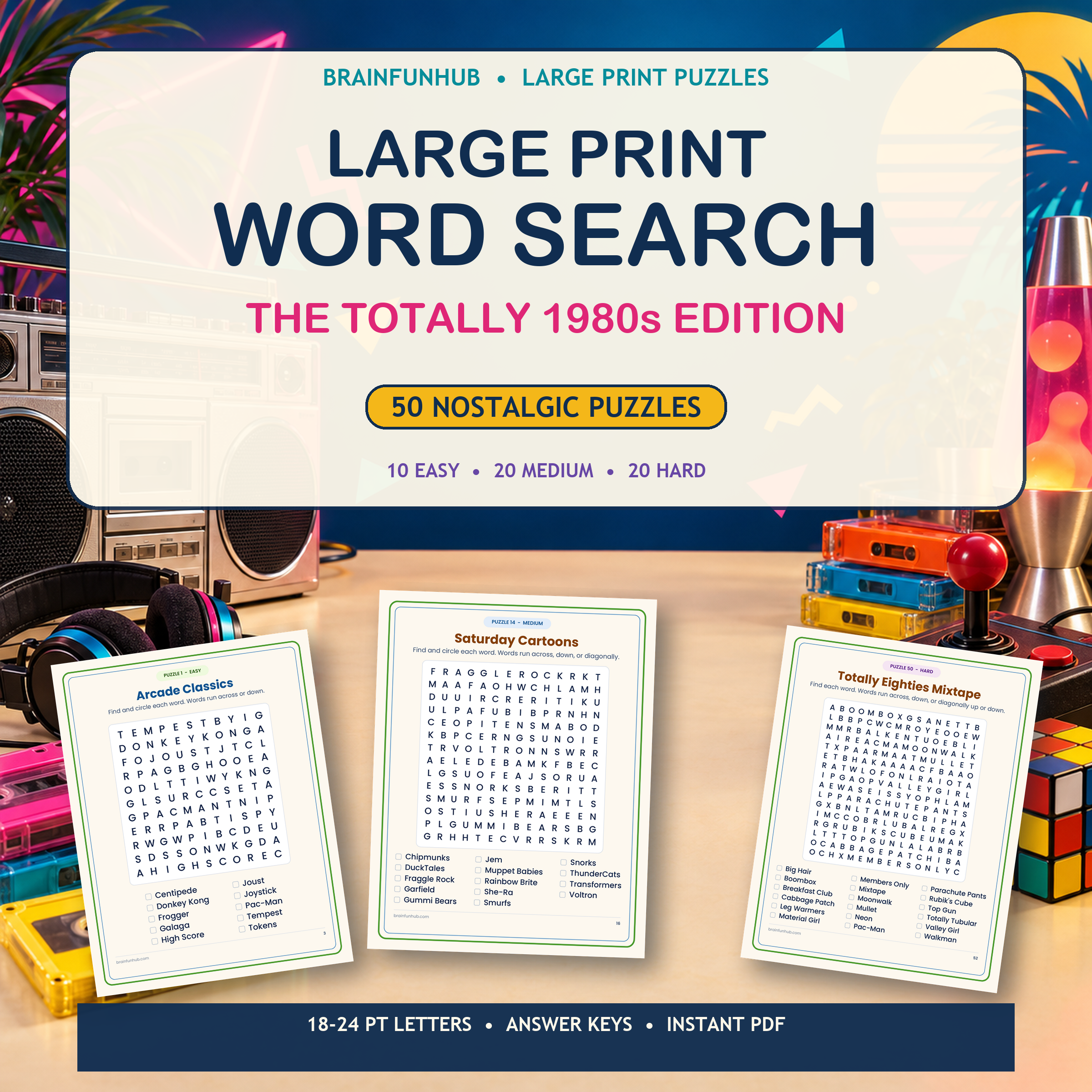 Large Print Word Search: The Totally 1980s Edition (50 Puzzles) — printable PDF preview