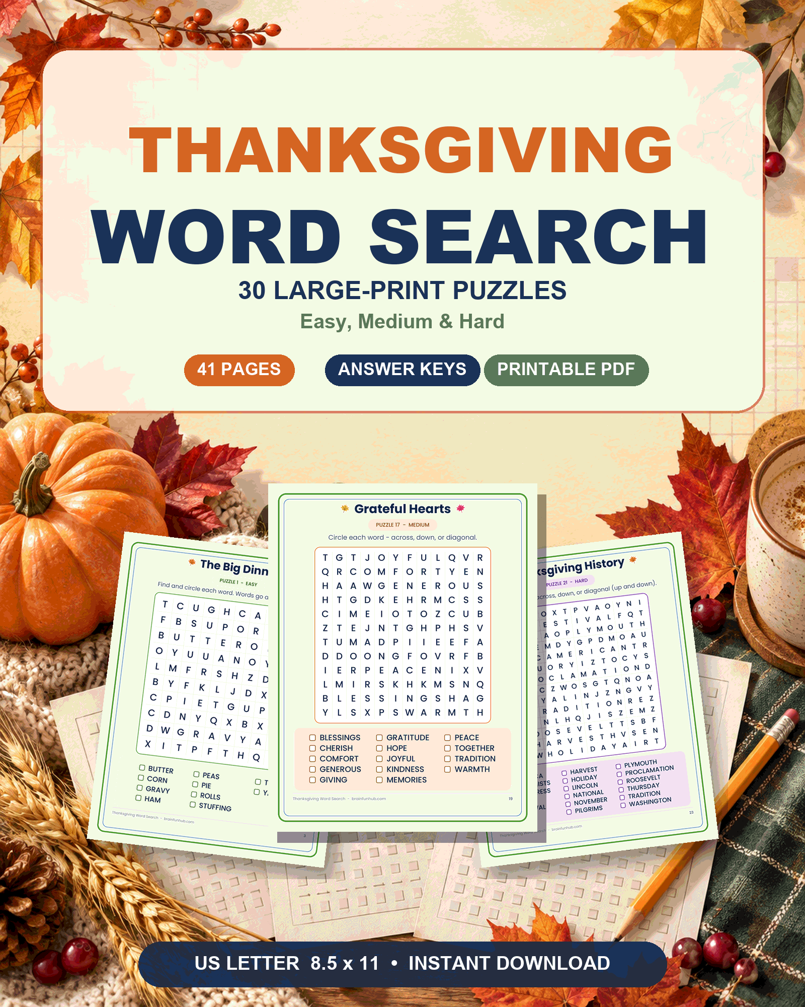 Large Print Thanksgiving Word Search: 30 Easy, Medium and Hard Puzzles — printable PDF preview