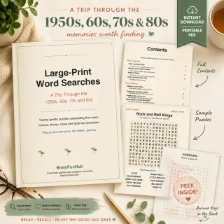 Large-Print Word Searches: 1950s-80s (20 Puzzles) — printable PDF preview